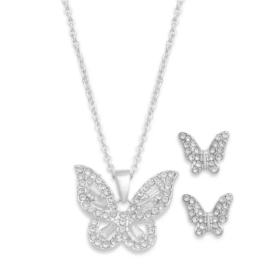 Silver-Tone Butterfly Pendant Necklace & Earrings Set
