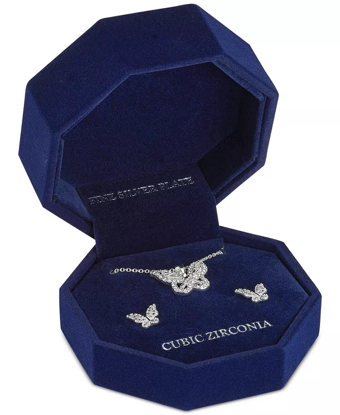 Silver-Tone Butterfly Pendant Necklace & Earrings Set