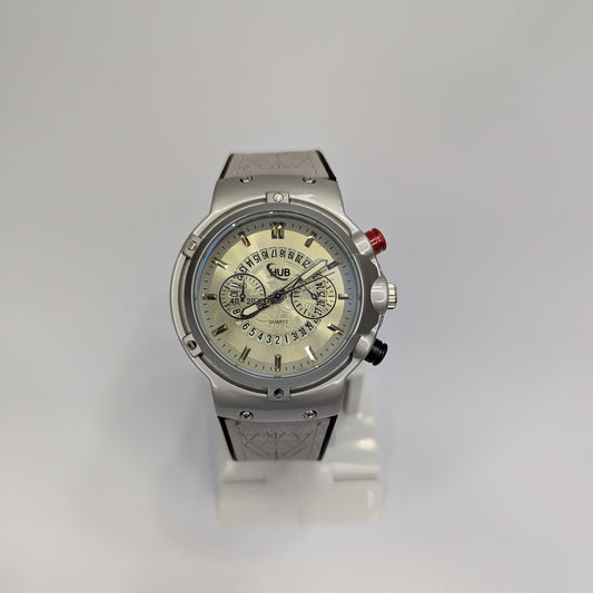 Hublot Style Quartz Analog Watch – Silver Dial with Leather Strap
