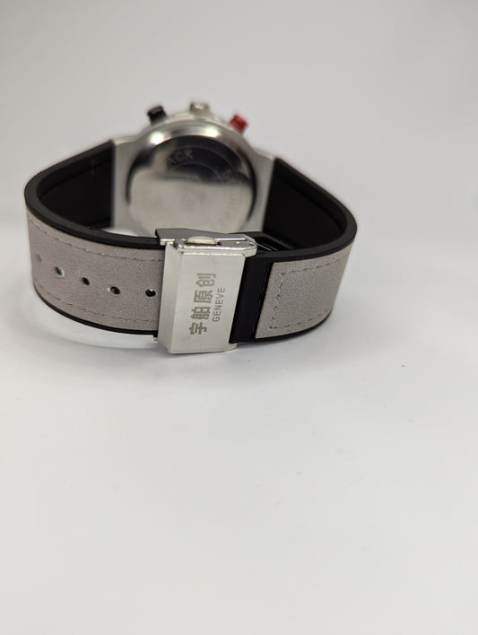 Hublot Style Quartz Analog Watch – Silver Dial with Leather Strap