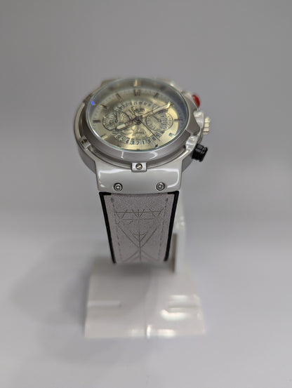 Hublot Style Quartz Analog Watch – Silver Dial with Leather Strap