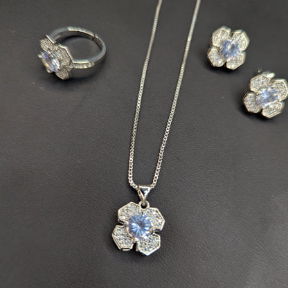 Elegant Silver-Tone Flower Jewelry Set with Sparkling Crystals (Necklace, Earrings & Ring)  Product Description: