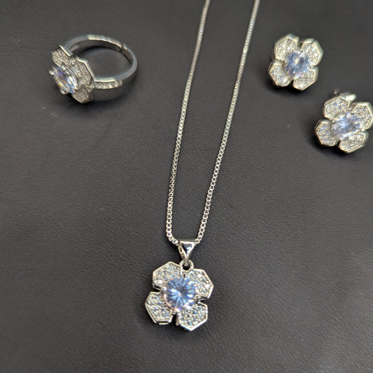 Elegant Silver-Tone Flower Jewelry Set with Sparkling Crystals (Necklace, Earrings & Ring)  Product Description:
