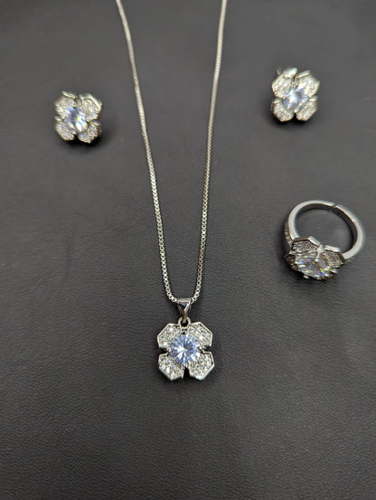 Elegant Silver-Tone Flower Jewelry Set with Sparkling Crystals (Necklace, Earrings & Ring)  Product Description: